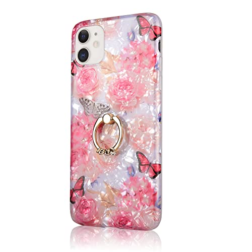 Qokey Compatible With Iphone 11 Case,Flower Pattern Cute Fashion For Women Girls Men With 360 Degree Rotating Ring Holder Kickstand Soft Tpu Shockproof Cover For Iphone 11 6.1 Inch Rose Butterfly #TOP1