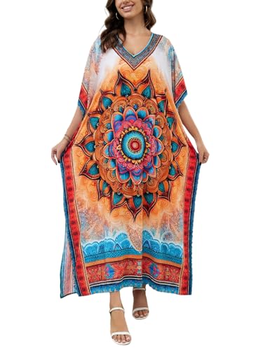 Image of IMAGEKOPE Women's Plus Size Loose Fit Moroccan Print V-Neck Batwing Kaftan Beach Dress Bathing Suit Cover Up