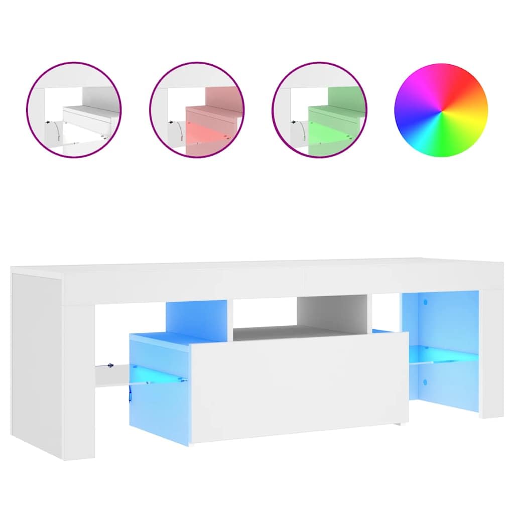 Mueble de TV de Madera con Iluminación LED RGB, Diseño Moderno y Almacenamiento Abierto, Adecuado para Salón y Dormitorio, Color Blanco, 120 x 35 x 40 cm