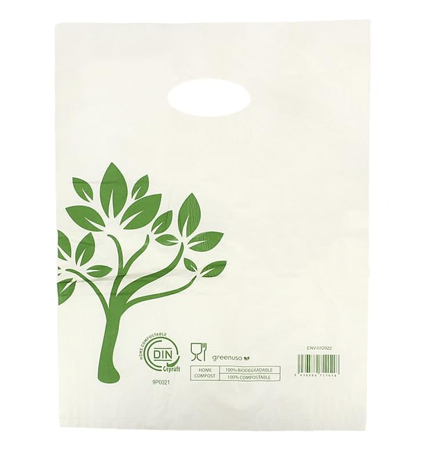 Monouso | 100 Bolsas de Plástico Biodegradable “Be Eco!” 30x40cm, Compostables, Bolsas con Asa Troquelada, Comercios, Tiendas, Multiusos