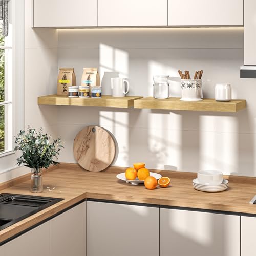Image of Fun Memories 32Inch Floating Shelves for Wall, 8 Inch Deep Shelves for Bathroom|Bedroom|Kitchen Wall Mounted, Wood Hanging Shelf with Invisible Brackets for Home Storage Decor, Oak - 3 Pack