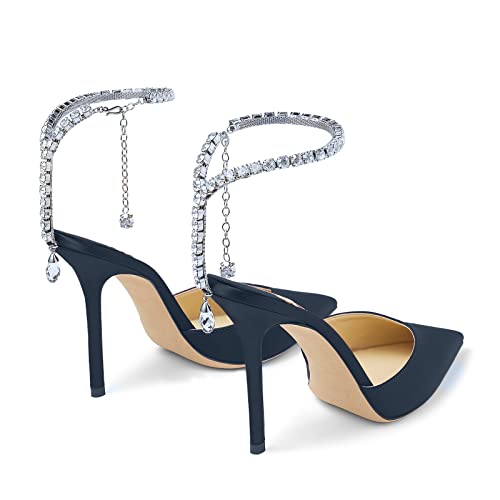 Image of LauraVicci Women's Heeled Sandals Crystal Chain Ankle Straps Rhinestones Buckle High Heels Stiletto Slip On Wedding Party Satin Dress Shoes