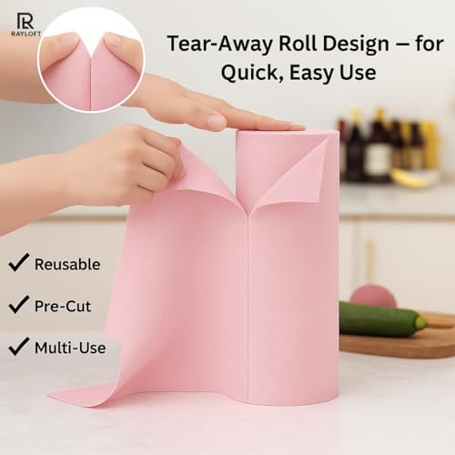 Image of Microfiber Cleaning Cloth Roll - 20 Reusable Washable Pre-Cut Towels | Tear-Away Kitchen Cleaning Cloth for Counters, Glass, Utensils, Appliances, & Home Surfaces - 25x25 cm Pink