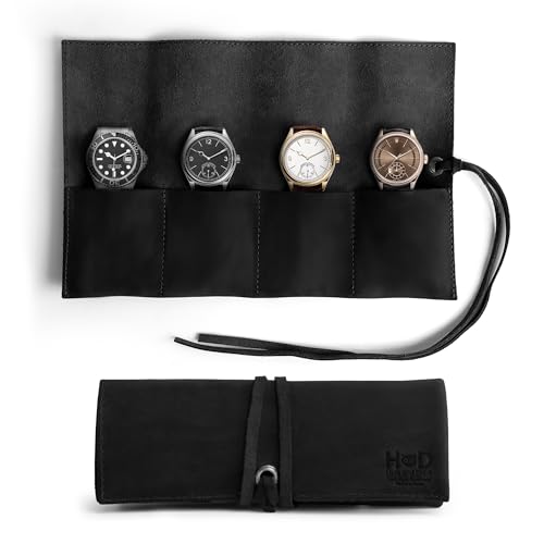 Image of Hide & Drink, Leather Watch Roll Organizer Handmade from Full Grain Leather, Holds Up to 4 Watches, Easy Carry On Watchlover Storage (Charcoal Black)