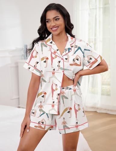 Image of SHESHOW Pajamas for Women Set Satin Button Down Short Sleeve Top and Shorts Pjs Sets Sport Ball Print Sleepwear XS-XXL