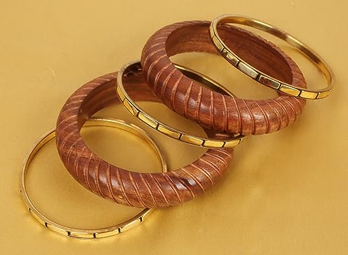 Image of Touchstone wood bracelets for women bangle wooden jewelry handmade artisan bangles natural handcrafted brown olive stylish chunky boho bohemian bracelet brass metal inlaid woods stackable
