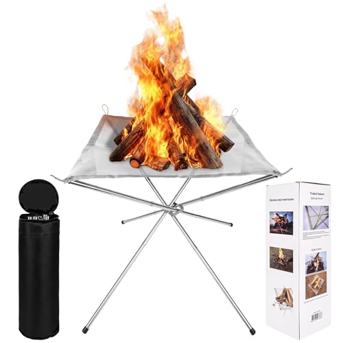 Tragbare Feuerstelle für Outdoor-Camping, 56cm Faltbare Edelstahlgeflecht Feuerstelle Grill-Feuerschale mit Tragetasche für Garten, Camping, Strand, BBQ & Picknick