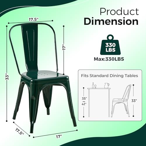 Image of Metal Dining Chairs with Backrest, Stackable, Dark Green, 4 Pack | Easy Assembly, Non-Slip Feet, 330 lb Capacity, Kitchen, Restaurant, Cafe, Pub, Covered Patio