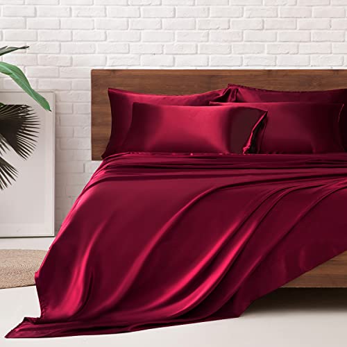 MR&HM Sábanas de satén para cama de tamaño King, juego de 6 piezas de ropa de cama sedosa con 15 pulgadas de profundidad para colchón, borgoña