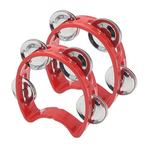 Pack of 2 Plastic Percussion Handheld Tambourines with 4 Jingle Bells, Red Mini Hand Bell Percussion, Musical Rhythm Instruments for Kids, Adults, School and Party
