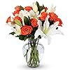Benchmark Bouquets Orange Roses and White Oriental Lilies, With Vase (Fresh Cut Flowers)