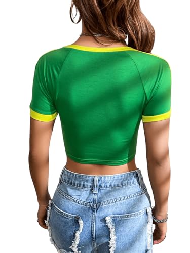 Women's Letter Graphic Round Neck Contrast Binding Crop Tee Short Sleeve Slim Fit Pullover T Shirt Green Medium2