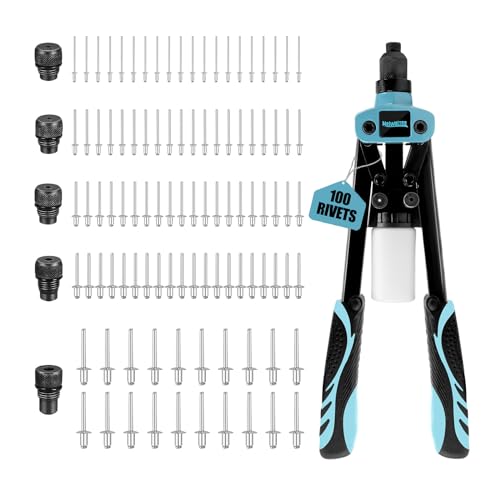 Meiwaltee 13' Remachadora Manual Profesional 5 en 1 con 100 Remaches, Pistola Remachadora con 5 Boquillas Intercambiables 6,4-2.4 MM Apta para Remaches de Acero, Acero Inoxidable y Aluminio