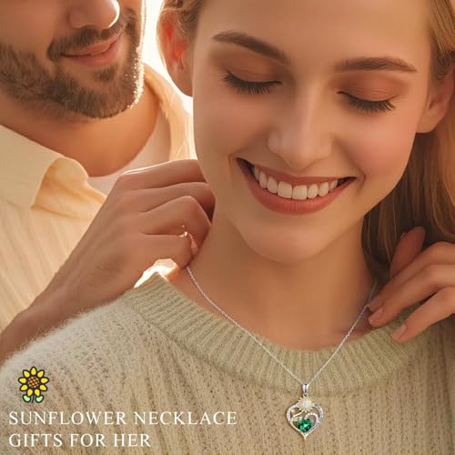 Iefil Sunflower Gifts for Women - Sunflower Necklace Heart Pendant Birthstone Necklace for Women Anniversary Birthday Gifts for Wife You Are My Sunshine 925 Sterling Silver Jewelry for Wife Mom2