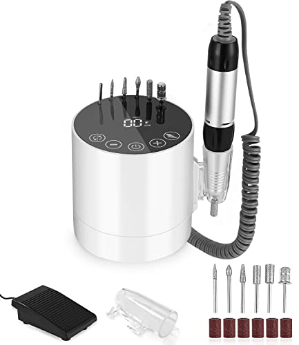 Torno para Uñas Profesional, 35000 RPM, Limas de Uñas Profesionales, Lima de Uñas Electrica, Nail Drill Machine con Pedal y 6 Brocas, Limador de Uñas Electrico