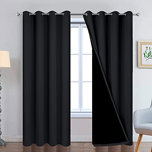 Image of Yakamok 84 Inch Length 100% Blackout Curtains for Bedroom, 2 Thick Layers Thermal Insulated Grommet Total Blackout Drapes with Black Liner for Living Room (52Wx84L,Black, 2 Panels)