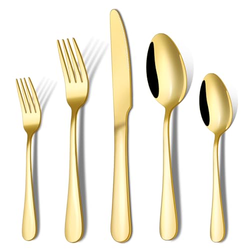 Goldenes Silberbesteck-Set 20-teiliges Besteckset von ENLOY aus Edelstahl für 4 Personen robustes Geschenk und spülmaschinenfest hochglanzpoliertes Tafelmesser Gabel und Löffel für das Restaurant