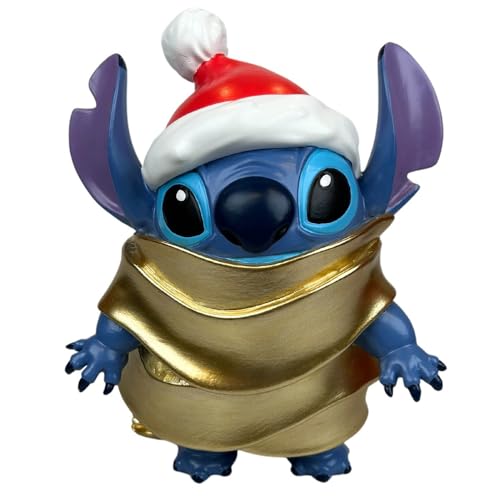 Deko 3D Disney Gartenfigur Stitch Santa in Goldener Decke H:20,5 cm aus Kunststoff - Figur Weihnachten aus Lilo & Stitch, moderner Deko Stil für Fans, Gartendekoration, Statue