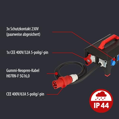 Brennenstuhl Professional Gummi-Stromverteiler BSV 5-63A / Stromverteiler CEE-Stecker 63A (2m Kabel H07RN-F 5G16,0, 1xCEE 400V/32A, 2xCEE 400V/16A, 6X Schutzkontakt 230V, Made in Germany)