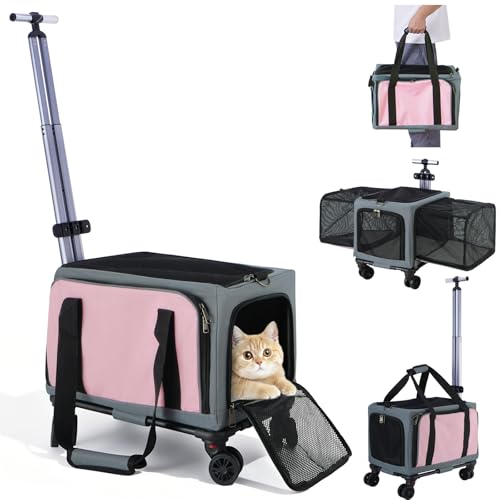 3-Sided Expandable Rolling Pet Carrier with Wheels Small Cat Dog Travel Carrier Foldable Portable Bag Grey Pink for Travel Camping Vet Outdoor Indoor Use