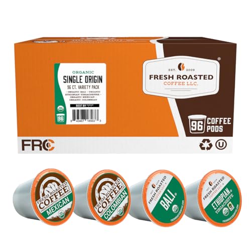 Fresh Roasted Coffee, Organic Single-Origin Variety Pack | USDA Organic, Kosher | K-Cup Compatible, 96 Pods