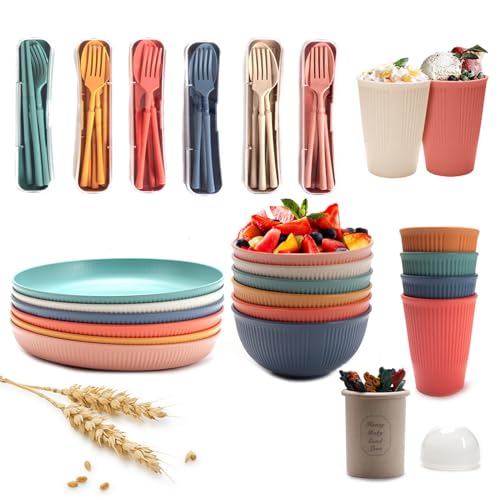 BERRYLION 60Pcs Plastic Dinnerware Sets for 6, Unbreakable Colorful Dinner Dishes, Reusable...