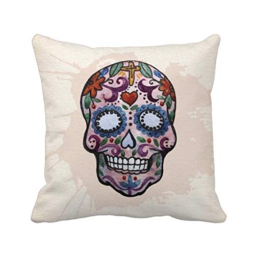 Housse de coussin imprimé tête de mort mexicaine violette zippée