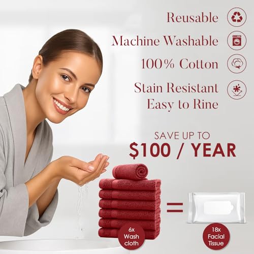 Image of DAN RIVER 12-Pack Premium 100% Cotton Red Face Towels for Bathroom - Reusable Face Wash Cloths for Showering 12x12 Inches - 550 GSM Super Soft & Absorbent Luxury WashCloths for Body, Spa & Gym