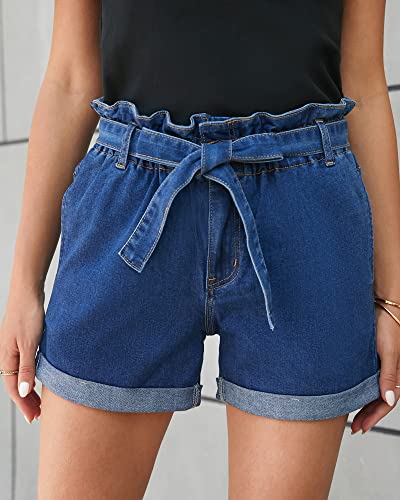 Utyful Women's Comfy Removable Belt Casual Elastic Waist Wide Leg Denim Shorts Dark Blue Medium #TOP1