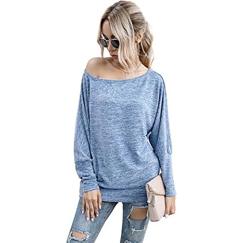 es-uk Womens Boat Neck Drop Shoulder Batwing Long Sleeve Jumper Loose Fit Sweatshirt Pullover Top (Blue, S) Cover