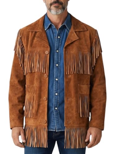 Image of Men's Suede Fringe Jacket Western Cowboy Style Genuine Leather Coat with Button Closure, Black Brown Cognac