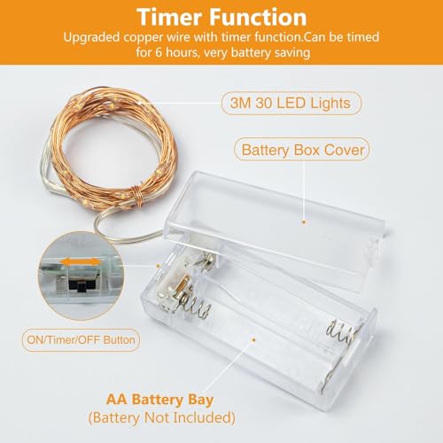 litogo 6 Stück LED Lichterkette Batterie mit Timer, 3M 30 LED Kupferdraht Lichterkette Innen, lichterketten batteriebetrieben (AA Batterie) für Party Weihnachten Halloween Hochzeit Deko, Warmweiß
