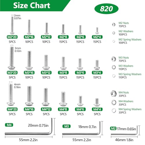 820PCS Screws and Nuts, M2 M3 M4 Metric Bolts and Nuts Assortment, 304 Stainless Steel Hex Button Head Cap Lock & Flat Washers Bolts Assortment Kit with 3 Wrenches for 3D Printer Furniture Industrial - Image 5