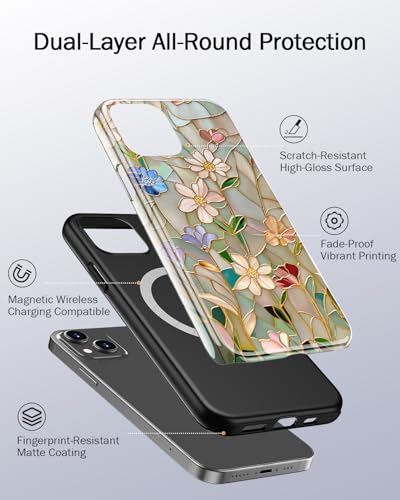 Image of Goodon for iPhone 14 Case /iPhone 13 Case Cute,Aesthetic Vintage Mosaic Stained Glass Shell Design,Floral Pattern,MagSafe Compatible,Preppy Trendy Y2K Protective Silicone Phone Cover for Women Girls | Dual-Layer Hard Shell + Silicone, Slim Fit Protective Phone Cover with Wildflower Designs for Women Girls