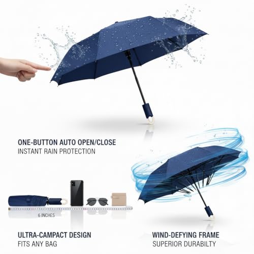Image of Owme UV Umbrella for Women, Mini Folding Portable 3-Fold Umbrellas | Auto Open & Close for Rain and Sun Protection, Anti-Slip Handle | Windproof Umbrlla for Bedroom, Living Room,Entryway -