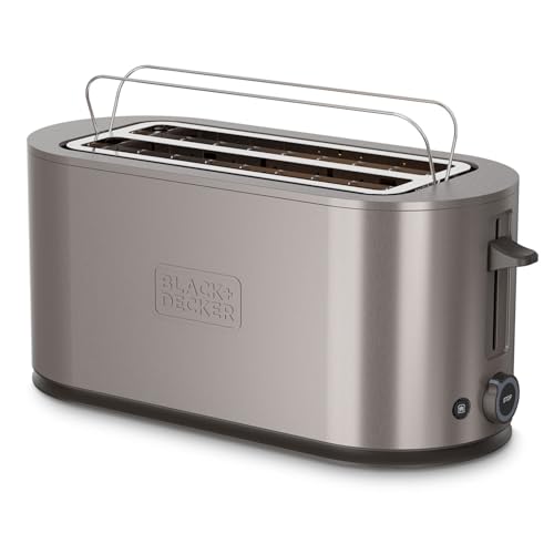 Black+Decker - Tostadora Extra Grande 1500W | 260x42mm Ranuras | 7 Niveles de Tostado | 6 Bandas de Mica Incandescente | Funciones Descongelar, Recalentar y Cancelar | Soporte Abatible para Repostería
