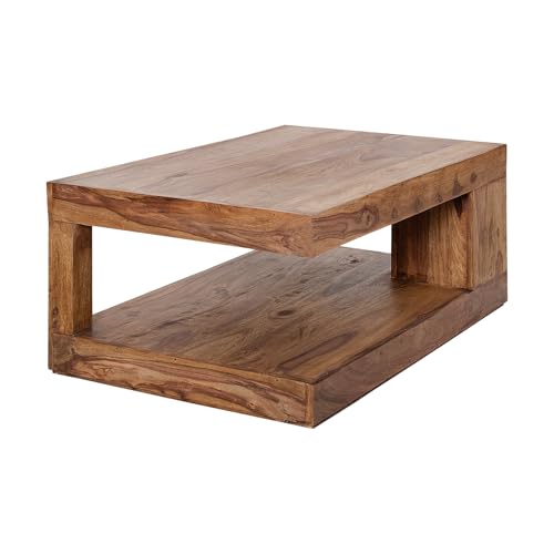 invicta INTERIOR Edelholz Couchtisch Giant L - 90cm - braun Sheesham Stone Finish - massiver Beistelltisch mit Ablage Wohnzimmertisch