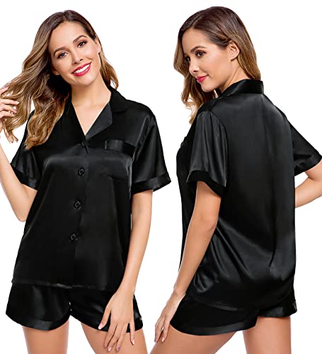 Image of LecGee Womens Silk Satin Pajamas Set Short Sleeve Button Down Sleepwear Loungewear 2 Pcs Pj Sets