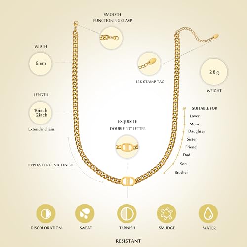 Womens 18K Real Gold Plated Initial Necklace Choker with Double D Letter, 6mm 316L Stainless Steel Diamond-Cut Curb Cuban Link Chain(Custom Box and Pouch Packing for Gift)2