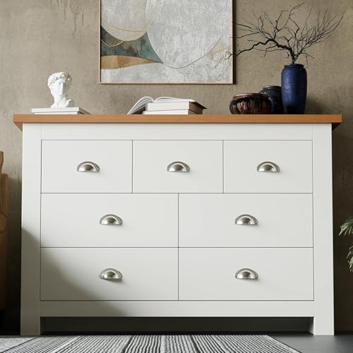 Blisswood Chest of Drawers 4+3 Drawer for Bedroom Furniture Storage Cabinet Unit with Oak Top MDF Wood Sideboard Chest for Living Room Wardrobe Hallway Furniture White/Oak 42Dx 108.5Wx 81.2H CM