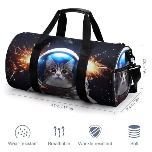 Cute Cat in Astronaut Suit Travel Gym Bag for Women Men Cylindrical Duffle Bag Sport Workout Bag with Shoulder Strap2