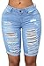 FEESON Women's Summer Turn Up Cuffs Above-Knee Length Destroyed Ribbed Jeans Shorts