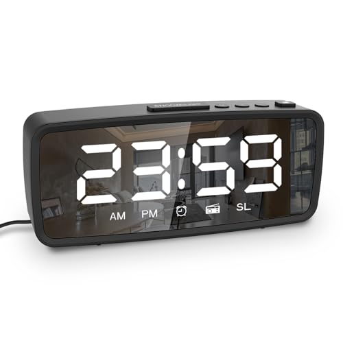 Sanfoelek 5.1'' Digital Alarm Clock Radio, Mror Alarm Clock, 3 Levels Dimmer, with Sleep Timer, Adjustable, Dark Mode, Alarm with Snooze, 1224H Alarm Clocks for Bedroom Bedside Desk