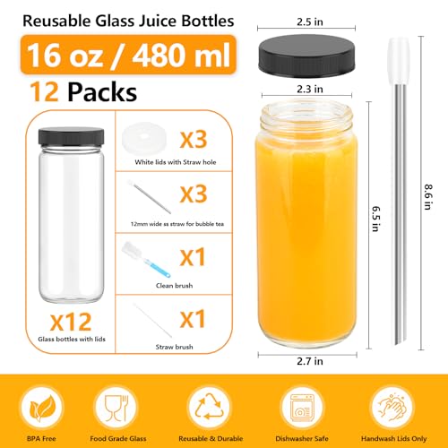 Image of Zukro Glass Juice Bottles with Lids 16 oz| 12 Pack Wide Mouth Leak Proof Clear Reusable Drinking Jar Container With 3 Straws For Juicing, Smoothie, Water, Bubble Tea| BPA-Free & Airtight|