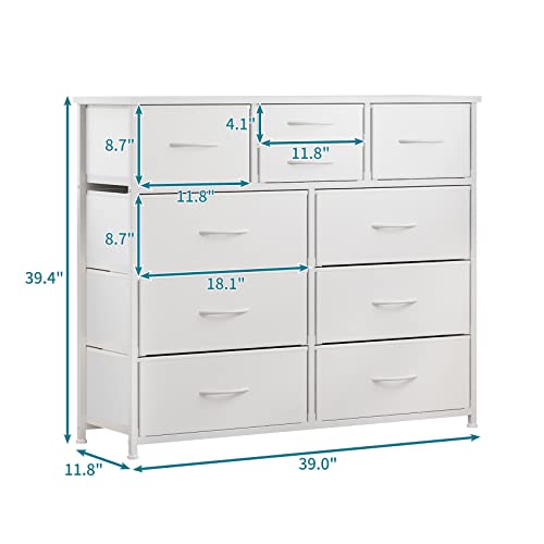 Lumtok 10-Drawer Dresser, Fabric Storage Dressers Drawers For Bedroom, Hallway, Nursery, Closets, Steel Frame, Wood Top, Easy Pull Handle (White) #TOP2