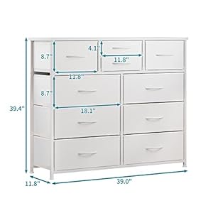 LUMTOK 10-Drawer Dresser, Fabric Storage Dressers Drawers for Bedroom, Hallway, Nursery, Closets, Steel Frame, Wood Top, Easy Pull Handle (White) LUMTOK 10 Drawer Dresser Fabric Storage Dressers Drawers for Bedroom Hallway Nursery Closets Steel Frame Wood Top Easy Pull Handle White