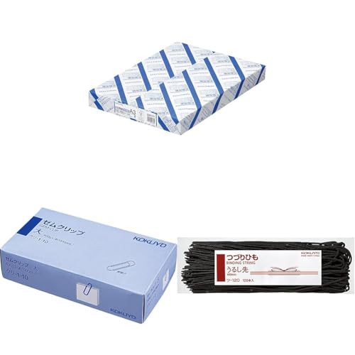 【セット買い】コクヨ(KOKUYO) コピー用紙 A3 紙厚0.09mm 500枚 FSC認証 KB-38N + コクヨ(KOKUYO) ゼムクリップ 大 約1000本入り クリ-1-10 + コクヨ(KOKUYO) つづりひも うるし先 100本入 (ス