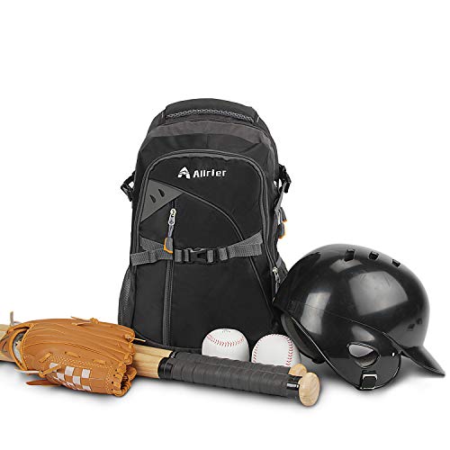 ALLRIER Baseball Backpack Bag - Baseball Bag with Fence Hook, Ball Softball Equipment Gear Holds 2 Bat Helmet Batting Glove Cleats Water Bottles and More for Kids Youth and Adults - Black