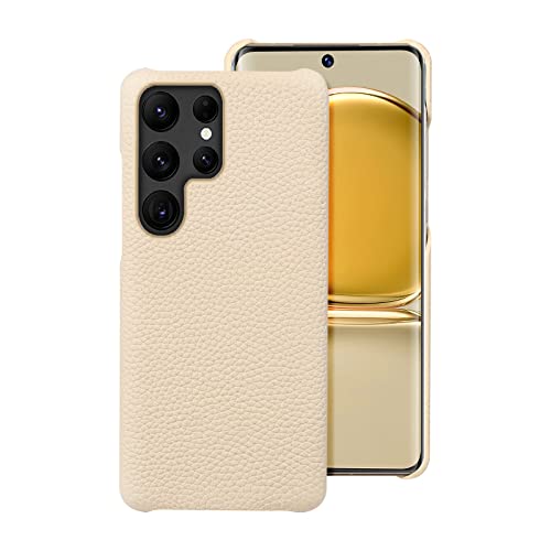 Coque Samsung S22 Ultra cuir véritable jaune clair : étui motif litchi Galaxy A55 A54