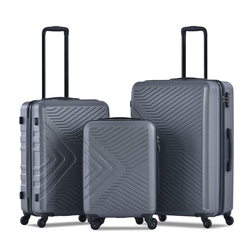 3 Piece Lightweight ABS Luggage Set with Spinner Wheels and Two Hooks - Gray Travel Suitcase Set